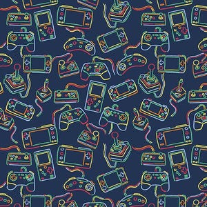 May include: A navy blue pattern featuring a variety of retro video game controllers and handheld consoles. The controllers and consoles are outlined in vibrant neon colors, including green, yellow, orange, and red. The design is a repeating pattern.