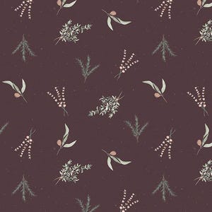 May include: A fabric with a repeating pattern of botanical elements. The design features sprigs of green and white foliage, lavender-like flowers, and small pink berries, scattered across a dark burgundy background. The fabric is measured in inches.