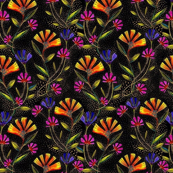 Earth Song -- Clothworks -- dark floral fabric, floral vines fabric, African floral fabric, Gold metallic and DIGITAL PRINT--100% cotton BTY