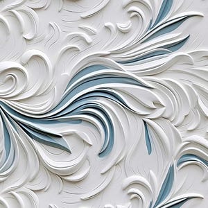 Op de afbeelding: Een stofpatroon met verhoogde, witte, wervelende, organische vormen op een lichtblauwe achtergrond. Een witte liniaal met zwarte markeringen is onderaan zichtbaar en toont metingen van 0 tot 12 inch, samen met de tekst Studio Fabrics.