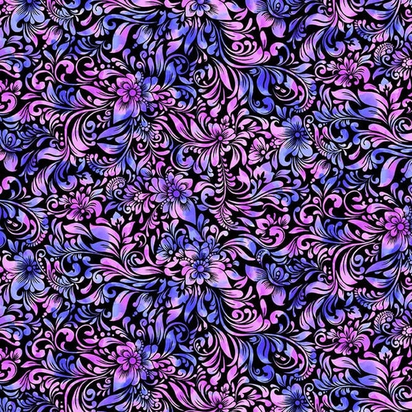 Purple and black floral fabric, Sunrise Gardens by Blank Quilting-- Scrolly flower--fantasy fabric, girls fabric, 100% cotton by the yard