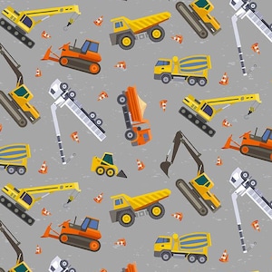 Construction Vehicles - Let&#39;s Go! - Clothworks - boy quilt fabric, backhoes, dump trucks, cranes, 100% cotton by the yard
