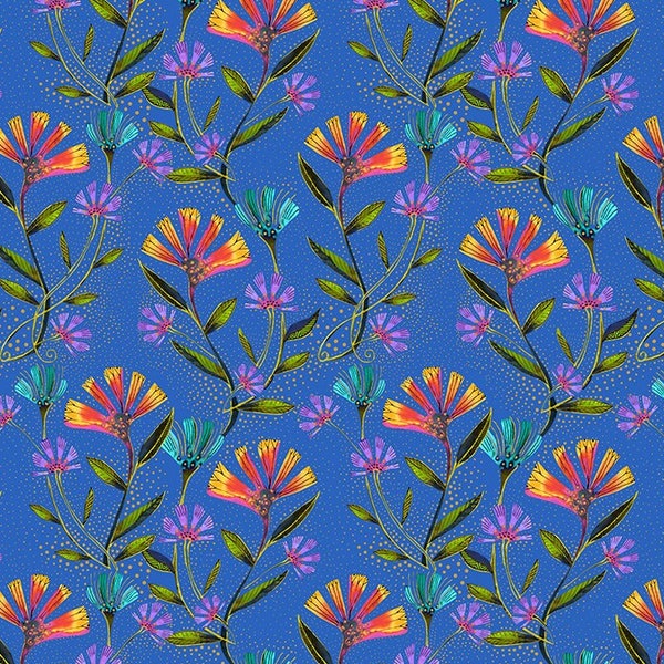 Laurel Burch, Earth Song -- Clothworks -- gold metallic floral fabric, viney floral in royal, Gold metallic & DIGITAL PRINT--100% cotton BTY