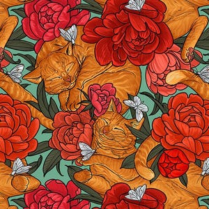 Garden Bed -- Freespirit -- Cat Nap, cat cottagecore quilt fabric, springtime floral fabric, cats and roses, 100% cotton fabric BTY