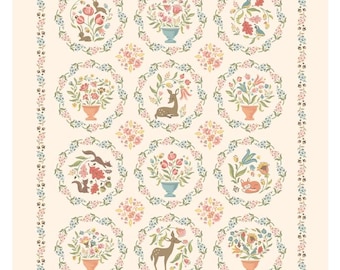 Wildwood Dwellings 36&quot; quilt panel -- Poppie Cotton -- woodland animals, vintage quilt panel, cottage quilt panel, 100% cotton fabric