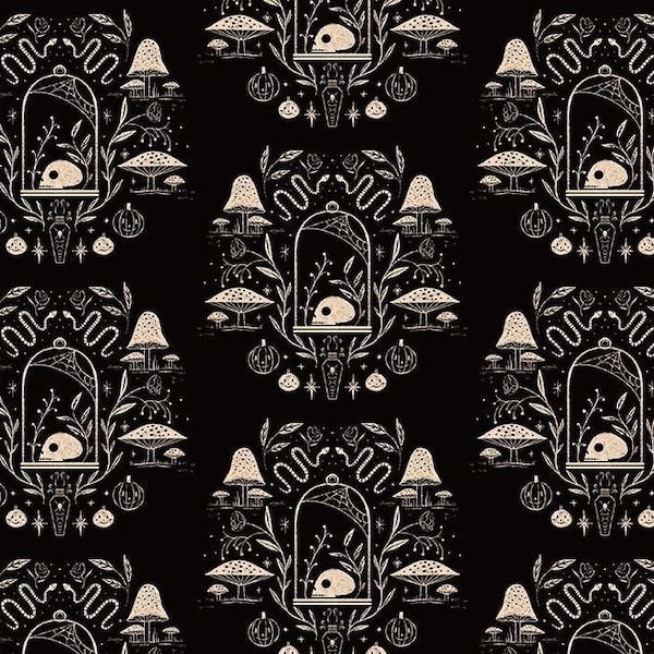 Boo! --by Dear Stella --Spooky Toile-- Halloween fabric, skull toile fabric, mushrooms, snakes, pumpkins,  100% cotton