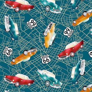 Cruisin&#39; the open road -- Blank Quilting -- Route 66 fabric, vintage cars fabric, road trip fabric, 100% quilt cotton by the yard