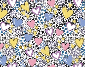 Hearts -- Mysticat -- Camelot fabrics, doodle hearts fabric, girls quilt fabric, cartoon heart fabric, 100% cotton fabric by the yard