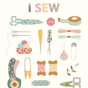 Sunsetridge -- I Sew quilt panel -- Minki Kim for Riley Blake - sewing tools 1 yard quilt panel, sewing notions fabric panel, 100% cotton