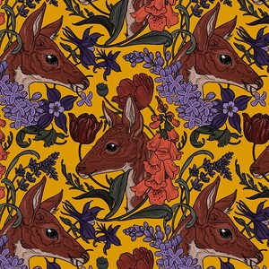 May include: A seamless fabric pattern featuring a repeating design of stylized deer heads, bellflowers, and foxgloves on a yellow background.