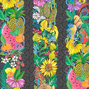 May include: A vibrant fabric design featuring vertical stripes of colorful fruits and flowers against a dark gray background. The design includes watermelons, oranges, pineapples, sunflowers, and various blossoms, creating a tropical and botanical theme.