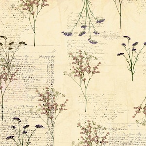 May include: A seamless pattern with floral sprigs in purple, pink, and white, set against a backdrop of aged, handwritten script. The design includes the "OEKO-TEX STANDARD 100" label.