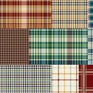 May include: A fabric swatch featuring a variety of plaid and houndstooth patterns. The color palette includes shades of brown, green, blue, and cream. The patterns are arranged in a grid, showcasing different designs and color combinations. The fabric is measured in inches.