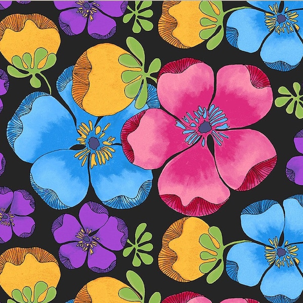 Large floral fabric, Embrace -- Goodness Gracious -- Windham fabrics - flowers on black, jewel tone floral, 100% cotton by the yard
