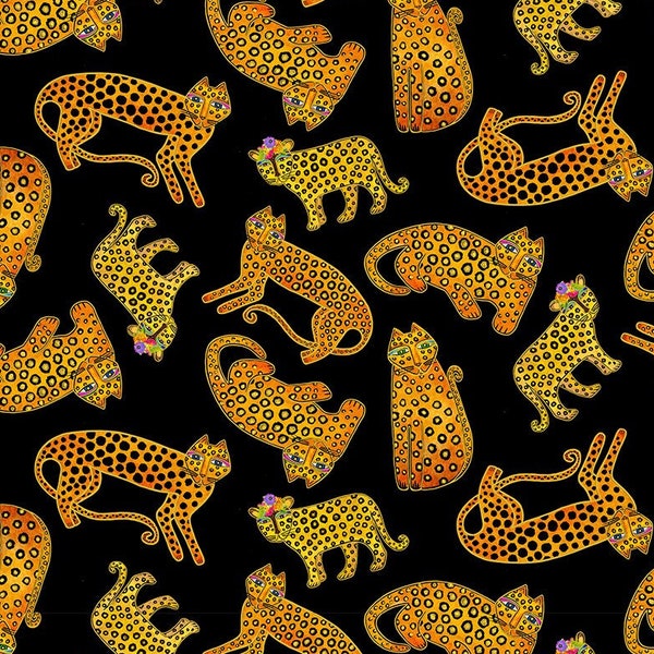 Leopard fabric, Earth Song -- Clothworks -- Leopards, African wild cat fabric, Laurel Burch, Gold metallic and DIGITAL PRINT --100% cotton