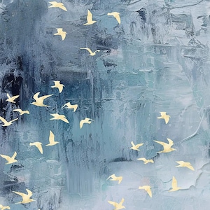 Plaster with Birds - Behind Blue Eyes - Funny Girl for StudioE Fabrics, gold bird flock quilt fabric, 100% cotton by the yard