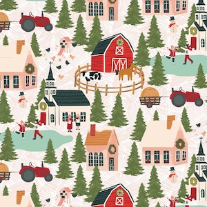 Prairie Christmas -- Poppie Cotton -- A Winter Scene, Christmas farm village fabric, cottage holiday fabric, 100% cotton fabric BTY