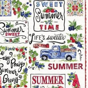 Könnte beinhalten: Ein weißer Hintergrund mit bunten Illustrationen von Beeren, Wassermelone und einem Oldtimer-LKW. Der Text lautet "Sweet Summer Time", "Life's Sweeter in the Summer", "Easy Peasy Summer Breezy" und "Summer is Fruitful".