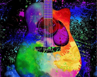 Painted Guitar 24&quot; quilt panel, Timeless Treasures, colorful guitar quilt panel, rock n roll fabric panel, rainbow guitar, 100% cotton BTY