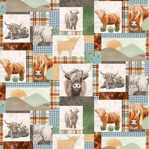 May include: A patchwork fabric design featuring various images of Highland cows in different poses. The squares include plaid patterns, landscape scenes with a sun, and solid colors. The cows are depicted in shades of brown, gray, and tan.
