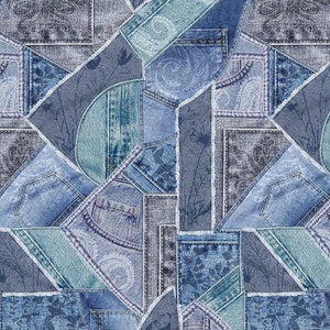 Op de afbeelding: Een naadloos patroon van blauwe denim stof in verschillende tinten en texturen, gerangschikt in een patchwork ontwerp. De stof is gesneden in geometrische vormen en aan elkaar genaaid om een unieke en stijlvolle look te creëren.