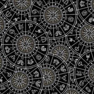 Puede incluir: Un patrón repetido de círculos negros con símbolos astrológicos blancos y dorados y diseños de brújulas. Los círculos se superponen, creando un diseño complejo y detallado. Los signos del zodiaco son claramente visibles.