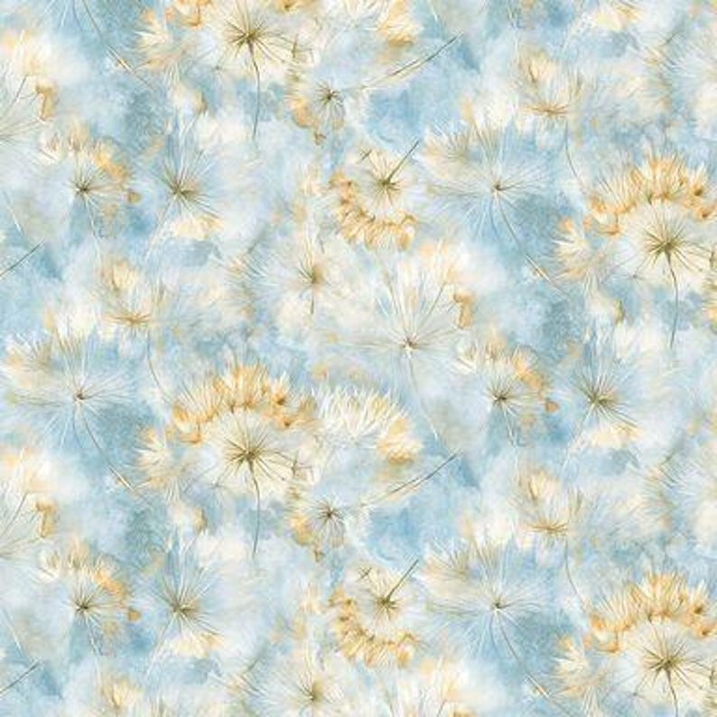 May include: A fabric pattern featuring a repeating design of white and light golden dandelion seed heads scattered across a soft, watercolor-style background of muted blue and pale grey tones, creating a light and airy visual texture.