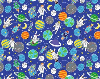 Planets fabric, GLOW in the DARK, Lift Off--Kanvas Studio—intergalactic universe, astronaut fabric, boys fabric, 100% cotton