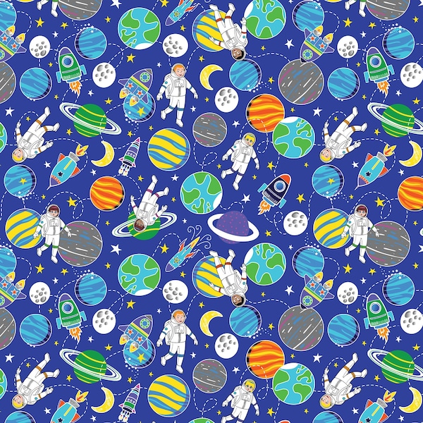 Planets fabric, GLOW in the DARK, Lift Off--Kanvas Studio—intergalactic universe, astronaut fabric, boys fabric, 100% cotton