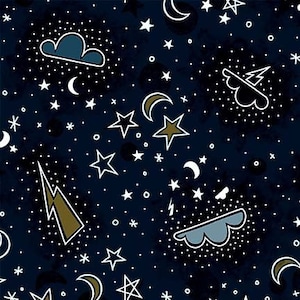 Glow in the dark stars fabric - Light the way night sky, Light up my world von Michael Miller - Sternenhimmel für Kinder, 100% Baumwolle BTY