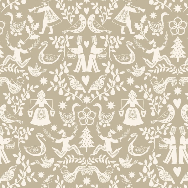 Scandi Christmas fabric, 12 Days of Christmas-- Lewis & Irene-- Mirrored in taupe--folk holiday fabric, storybook Christmas, 100% cotton