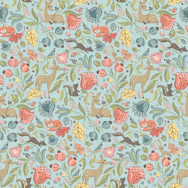 May include: A seamless pattern featuring a whimsical woodland scene with deer, foxes, squirrels, birds, and flowers on a light blue background. The pattern is perfect for fabric, wallpaper, or wrapping paper.