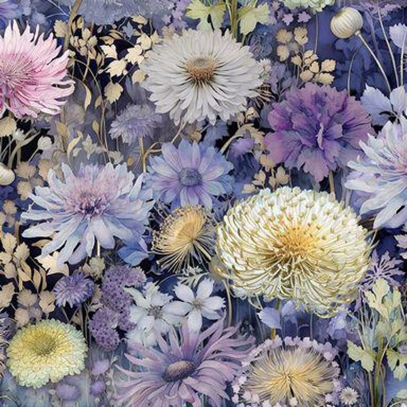 May include: A dense floral pattern featuring a variety of chrysanthemums and wildflowers in shades of lavender, violet, pale pink, and cream. The design includes intricate petals and delicate foliage set against a deep navy blue background.