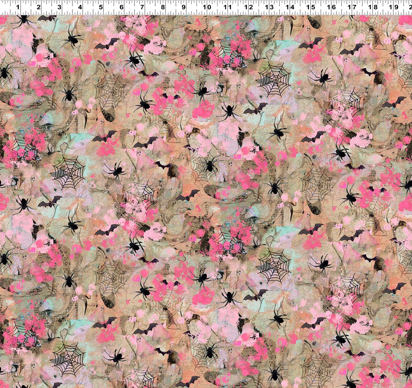 Spiders and Bats - Faboolous - Clothworks - bats and spiders on abstract background, feminine Halloween fabric, 100% cotton by the yard