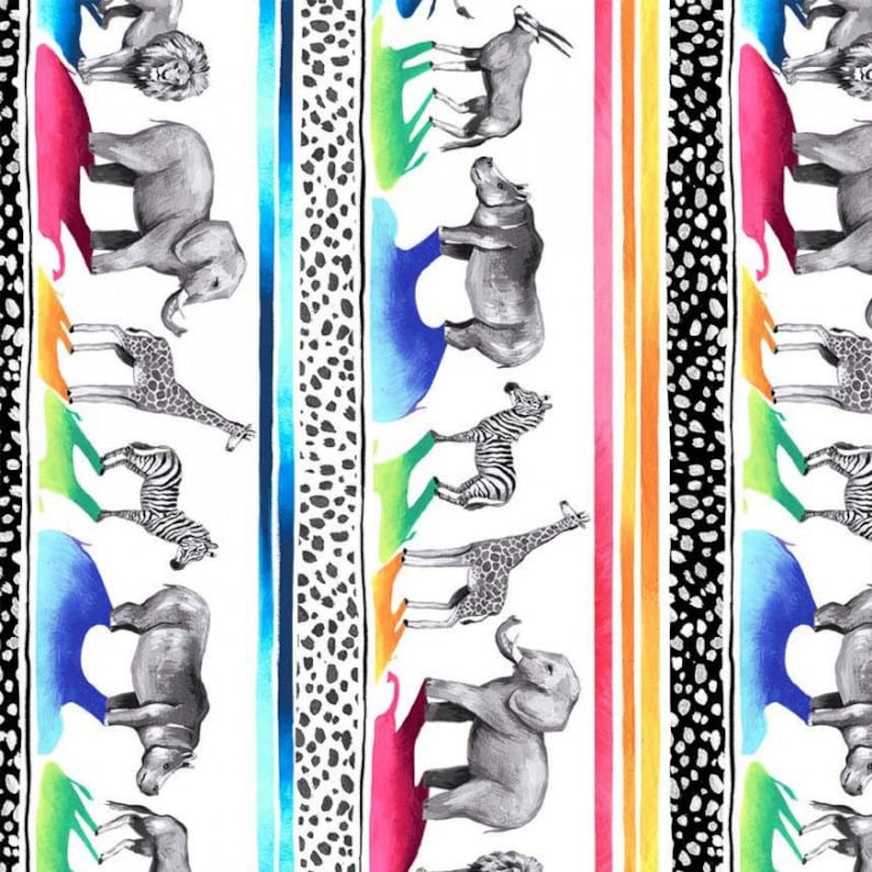 Tissu avec des animaux d'Afrique Noir, blanc et vif sur l'ensemble Safari Park Michael Miller, girafes, lions, éléphants, 100 % coton BTY image 9