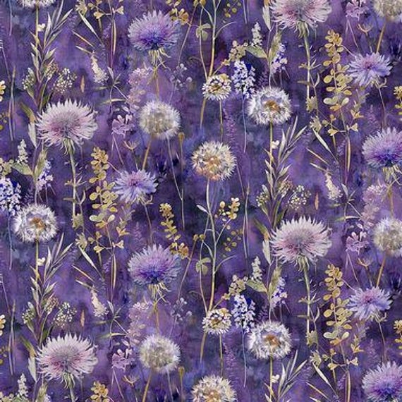 Night Floral Field - Mystic Meadow - Timeless Treasures - nighttime floral on purple fabric, 100% cotton quilt fabric by the yard
