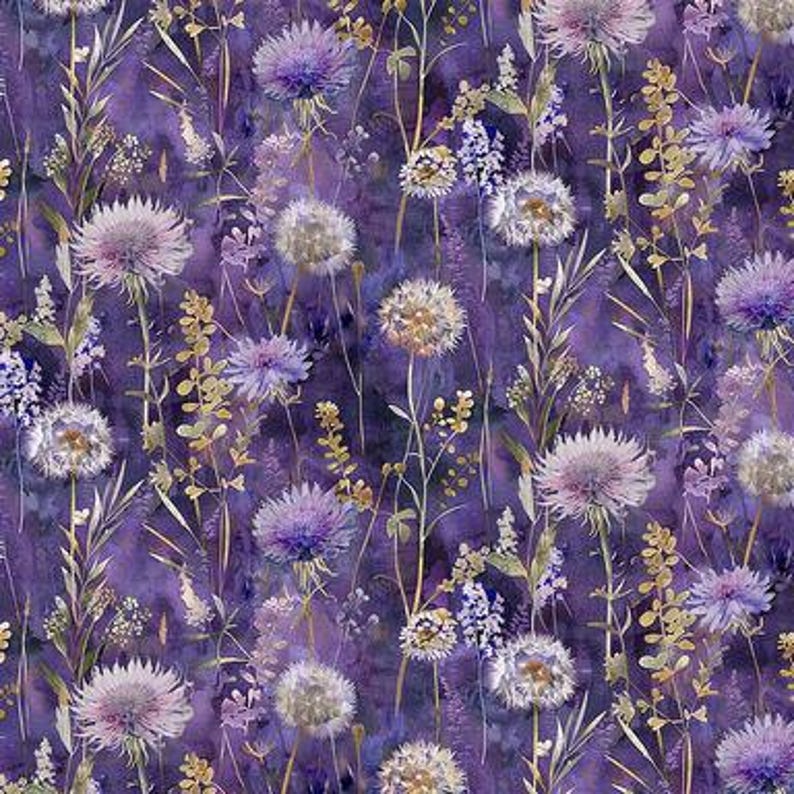May include: A seamless fabric pattern featuring a deep purple watercolor background with a botanical print of white dandelion seed heads, light purple thistle-like flowers, and delicate golden-yellow sprigs of foliage and small wildflowers.