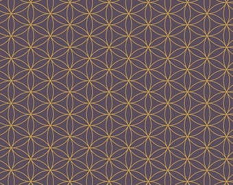 Metallic geometric fabric, Orbit--Windham-- Flower of Life in gray, Gold metallic fabric, astrology fabric, celestial quilt fabric