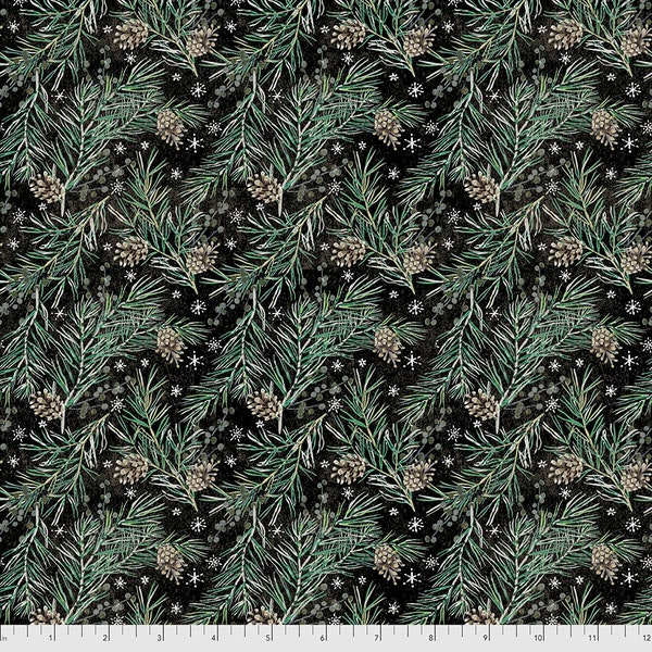 Pine boughs fabric, Freespirit Fabrics--Christmastime by Tim Holtz, Pine Boughs in black-- holiday greenery fabric, pine cones, 100% cotton