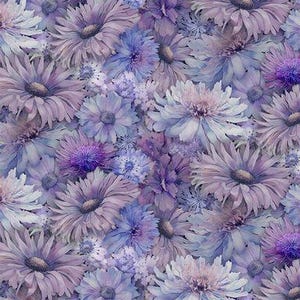 May include: A repeating pattern of various flowers in shades of lavender, violet, and light blue. The design features large, multi-petaled blossoms with soft, watercolor-like textures and darker purple centers, densely arranged across the surface.