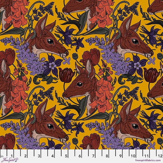 Garden Bed - Freespirit - Deer, cottagecore fabric, garden quilt fabric, forest animals fabric, foral deer heads, 100% cotton fabric BTY