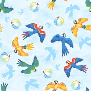 Macaw quilt fabric, Tropical Bird Bath -- Playful parrots -- Studio E Fabrics, summer quilt fabric, beach fabric, 100% cotton by the yard