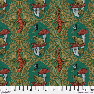 May include: A seamless pattern featuring a repeating design of red mushrooms, green frogs, and orange newts on a teal green background. The pattern is accented with gold fern-like leaves.