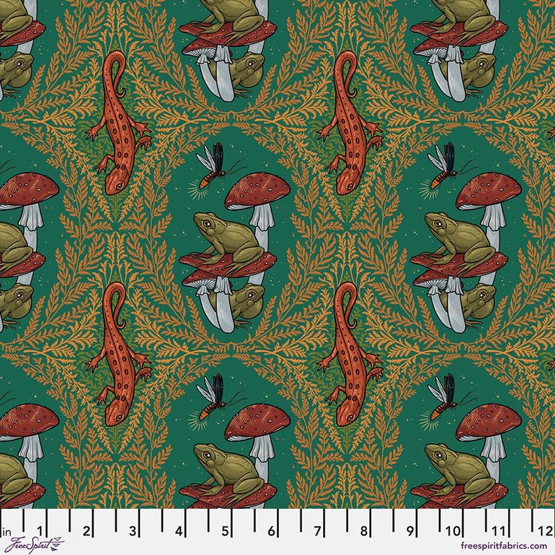 May include: A seamless pattern featuring a repeating design of red mushrooms, green frogs, and orange newts on a teal green background. The pattern is accented with gold fern-like leaves.