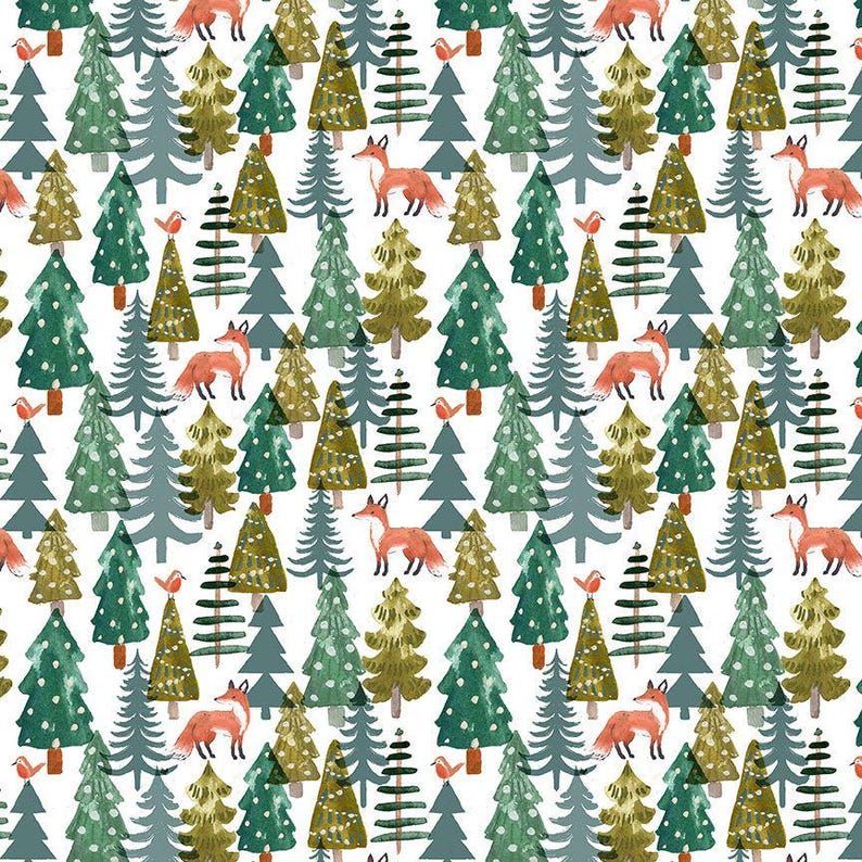 May include: A repeating pattern of watercolor trees, foxes, and birds on a white background. The trees are various shades of green and gray, with some decorated with small white dots. The foxes are orange, and the birds are red.
