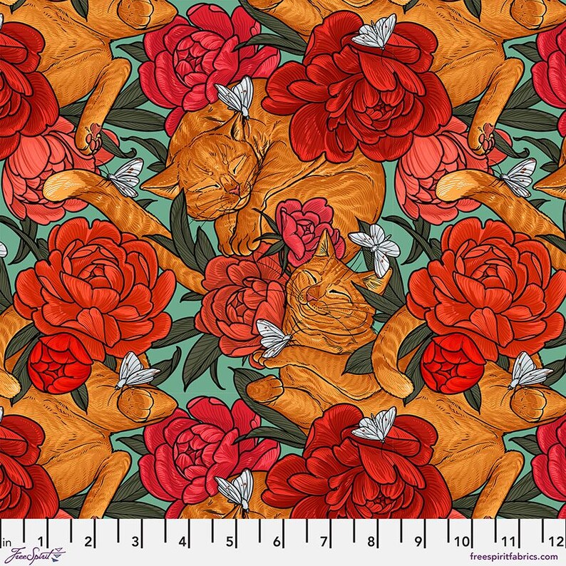 May include: A teal background with orange cats sleeping amongst red peonies and white butterflies. The fabric is a repeating pattern.