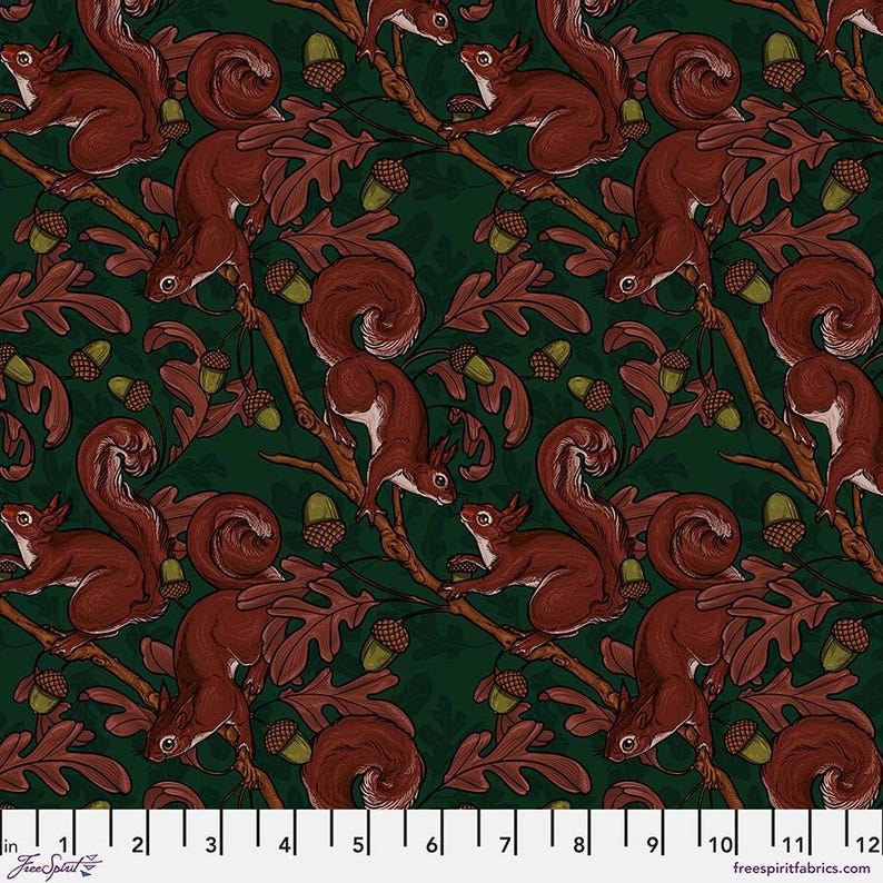 May include: A green fabric with a repeating pattern of brown squirrels and acorns. The squirrels are depicted in a stylized art nouveau style.
