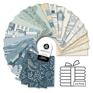 May include: A collection of 24 fat quarters, each with a unique coastal-themed pattern. Designs include lighthouses, beach houses, and botanical elements in shades of blue, green, and cream. The fabric is 18" x 22" and 100% cotton.