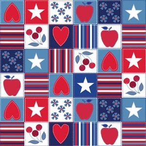 May include: A patchwork fabric pattern featuring a repeating grid of squares in red, white, and blue. The design includes motifs of red hearts, white stars, red apples, clusters of red cherries, blue floral patterns, and red, white, and blue stripes.