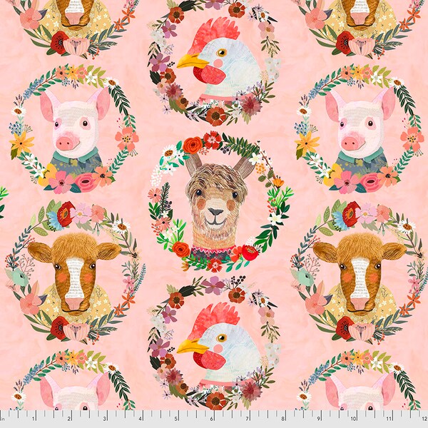 Pretty farm animals fabric, Farm Friends-- Farm badges--Freespirit-- boutique farm fabric, pigs, cows, llamas, 100% cotton